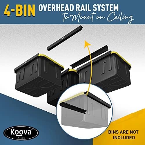 Koova Heavy-Duty Overhead Garage Storage Rack for 4 Bins. Adjustable Width, 160lb Capacity. DIY Safe Ceiling Mount, Easy Install. Fits 27-Gallon Totes. USA Made Pro-Grade Steel. Space Saving Organizer - Image 2