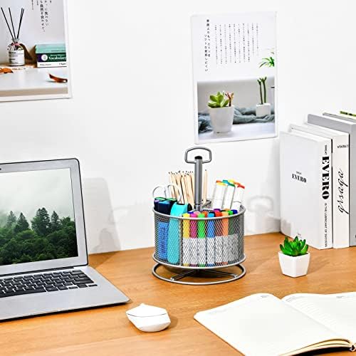 Marbrasse Mesh Desk Organizer, 360-Degree Rotating Multi-Functional Pen Holder, 4 Compartments Desktop Stationary Organizer, Home Office Art Supply Storage Box Caddy (silver) - Image 2