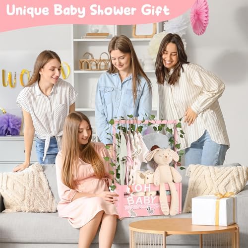 Baby Shower Gifts Basket Wooden Crate, Personalized Wooden Letters and Clothes Hangers New Born Baby Girl Boy Gifts Vine Decorations Cute Closet with Handle Pregnancy Gifts for New Mom Parents Pink - Image 2