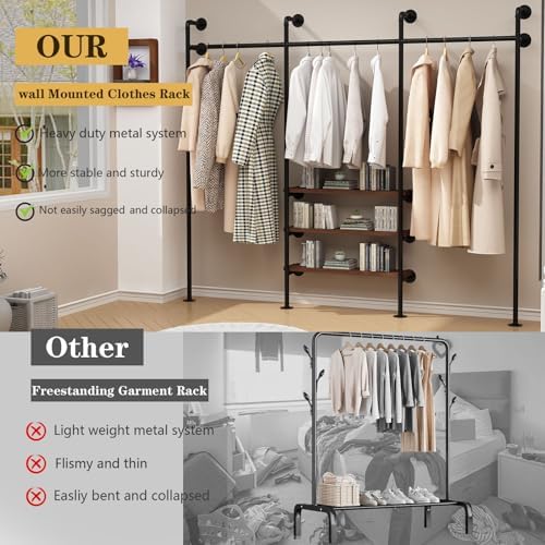 HOMEKAYT Industrial Pipe Clothes Rack,Wall Mounted Clothing Rack with Shelves, Heavy Duty Multi-Purpose Storage Clothes Hanging Shelf - 94.5''L Black - Image 2