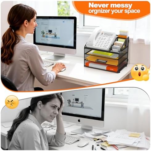 DocNest 4 Tier Metal Mesh Desk File Organizer with Phone Shelf, Black - Image 3
