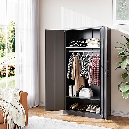 BYNSOE Metal Armoire Wardrobe Closet with 2 Doors 72'' Wardrobe Cabinet with Hanging Rail Metal Closet with Adjustable Shelves for Bedroom Furniture.Require Assembly - Image 2
