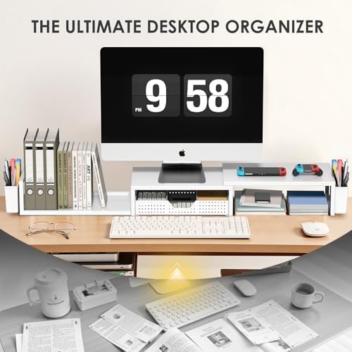 OPNICE Desk Organizers and Accessories, Dual Monitor Stand Riser with Drawer and 2 Pen Holders, Desk Shelf Computer Racks for Office Workspace Organizers, Desktop Organization (White) - Image 5