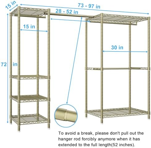 Ulif E10 Clothes Rack（With Stretchable Hanger Rod）Freestanding Clothing Racks for Hanging Clothes，Adjustable Closet Organizer System，Portable Garment Rack 73-97"W x 15" D x 72" H，Max Load 800LBS，Gold - Image 2