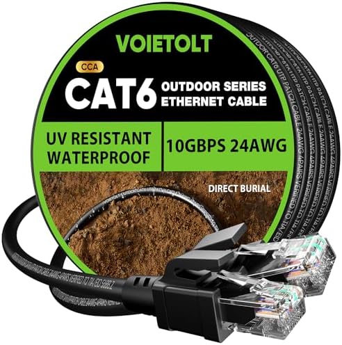 Cat 6 Outdoor Ethernet Cable 100 ft, 24AWG 10Gbps Cat6 Cable Cord Waterproof Direct Burial LLDPE UV Jacket, Internet Network Cable with 20 Ties Support POE Cat6 Cat5e Cat5, CCA, UTP for PC by EthernetCable