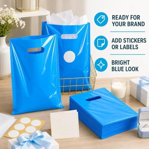 ysmile Medium Blue Plastic Bag Shopping for Small Business Boutique with Handle Store Retail Die Cut Poly Bag Goodie 100 ct 7.8"x11.8" Extra Thick 2.5 Mil - Image 4