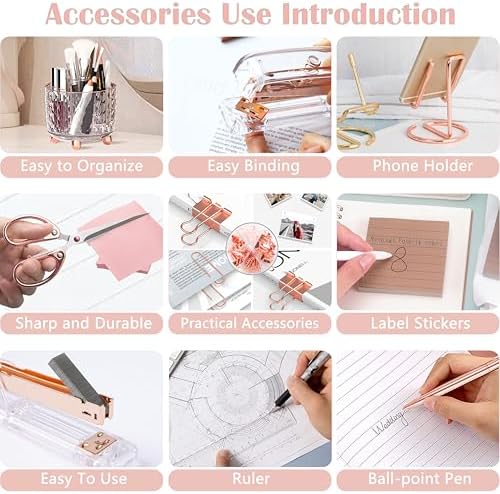 Rose Gold Desk Accessories, Office Supplies Desk Organizers 360°Pen Holder Acrylic Stapler Set, Phone Holder, Ballpoint Pen, Scissor, Binder Clips, Ruler, Transparent Glue, Sticky Note and Staples. - Image 5