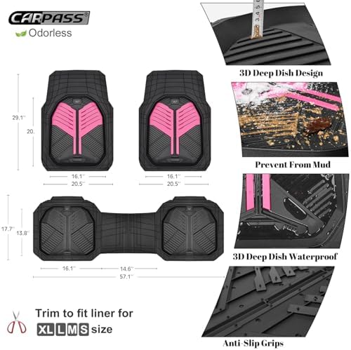 CAR PASS Heavy Duty Rubber Car Mats, Deep Dish Car Floor Mats All Weather, Car Mats Full Set 3-Piece Trim to Fit for Sedans SUVs Trucks,Women Waterproof Anti-Slip Automotive Mats, V12 Black and Pink - Image 3