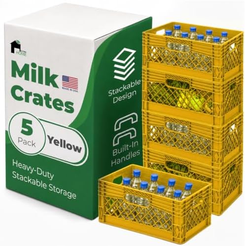 EconoHome Milk Crate - Stackable Storage Crate with Built-In Handles - Heavy Duty Plastic Material - Ventilated Organizer Bin for Garage, Pantry, Classroom, Office & Moving - Yellow, 19x13x11, 5-Pack by EconoHome