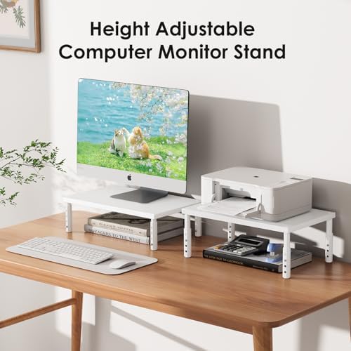 ECOLOVI Adjustable Wood Computer Monitor Stand Riser, Office Desk Organizer and Accessories for Monitor, Laptop, PC, Printer, Office Desk Accessories Workspace Organizer for Home Office Supplies, White - Image 7