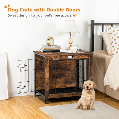 Dog Crate Furniture, 25.5" Small Dog Kennel Indoor, Wooden Cage with Pull-Out Tray, Double Doors Pet House Side End Table for Small/Medium Dogs, Rustic Brown BF642GW03G1 - Image 4