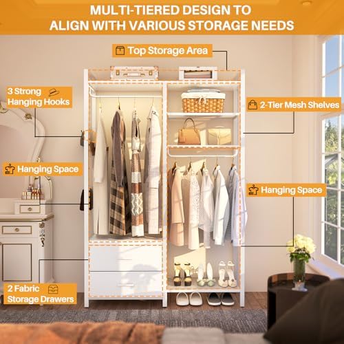 Besiost 78.7'' Clothes Rack for Hanging Clothes - Reversible Clothing Rack with 4 Drawers, Heavy Duty Garment Racks with Shelves, 6 Tiers Freestanding Portable Closet Wardrobe System, Set of 2 White - Image 4