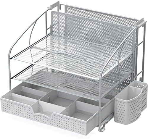 Simple Houseware 3-Tier Desk Organizer with Sliding Drawer, Silver - Image 4