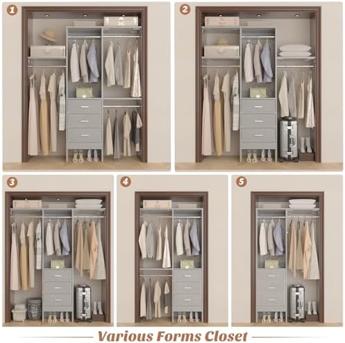 Besiost 4FT Small Closet System with 3 Fabric Drawers, 48'' Closet Organizer System With 3 Adjustable Shelves, Flexible Built-In Clothes Garment Rack for Small Space, 48" L x 13" W x 71" H, Grey - Image 7