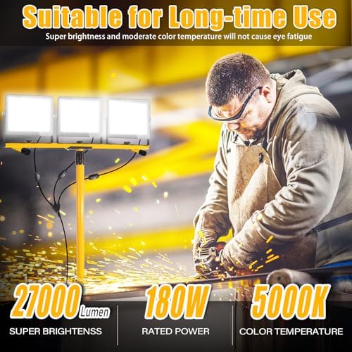 27000 Lumen LED Work Lights on Stand - 3 Head Portable Tripod Work Light- IP65 Waterproof Construction Lights with Stand for Outdoor Indoor Job Site Workshop Garage Commercial Flood Light with Stand - Image 2