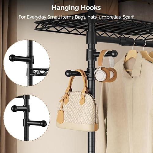 Closet Organizers and Storage, 5-Row Heavy Duty Clothes Rack for Hanging Clothes, Wall Mounted Closet System with 4 Telescopic Rods, 3 Fixed Rods, 6 Hooks, 8 Shelves for Wardrobe, Bedroom, Small Space - Image 3