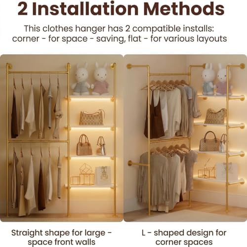 Industrial Pipe Clothing Rack with LED Lights& Shelves - Image 3