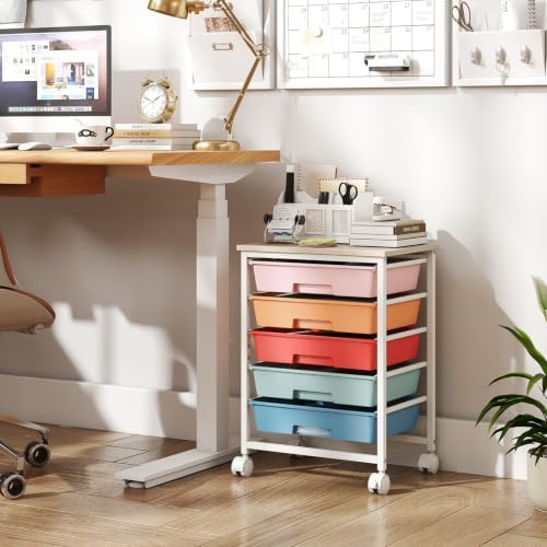 Giantex 5 Drawers Rolling Cart with Wheels, Wood Top, Sturdy Frame - Image 4