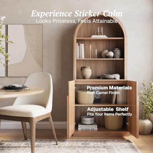 BELLEZE Arched Bookshelf with Storage, 71" Tall Wood Curio Display Cabinet with Adjustable Shelf, 5 Tier Modern Bookcase Shelf with Door for Living Room Office, Camel - Image 3