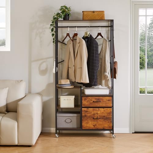Aibiju Clothes Rack, Heavy Duty Garment Rack for Hanging Clothes, Industrial Clothing Racks with Shelves, 2 Fabric Drawers, 4 Hooks, 1 Hanging Rods Rustic Brown YD-TM080H - Image 7