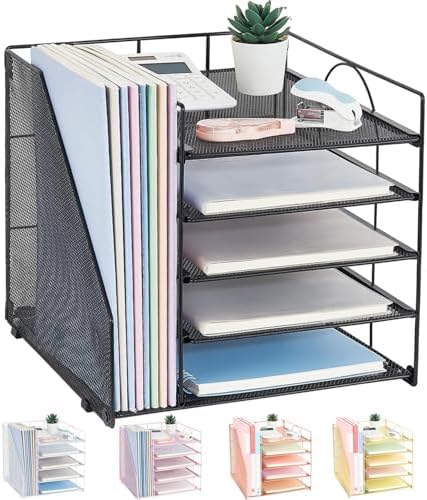 LEKETREE Desk Organizers and Accessories, 5-Tier Paper Letter Tray Organizer with File Holder, Desktop Organizer for Office Supplies (Black) by Stylishworkspaceeffortlessorganization