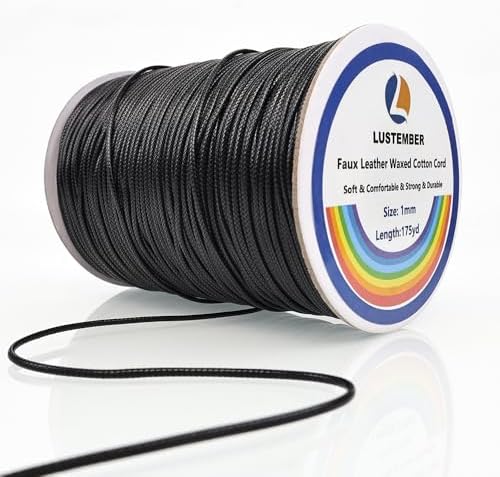 LUSTEMBER 1mm Faux Leather Waxed Cotton Cord, 175 Yards – Durable Necklace String, Soft and Textured Cord for Necklaces, Bracelets, and Jewelry Making by LUSTEMBER