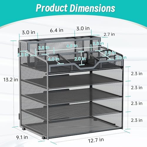 5 Tier Mesh Paper Desk Organizer with Pen Holders, Black - Image 2
