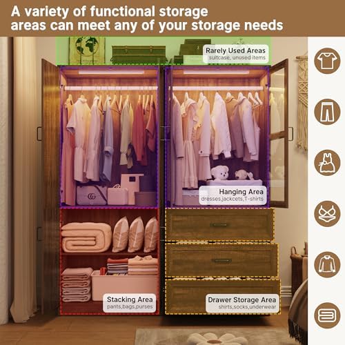 75" Tall Farmhouse 4 Doors Armoire Wardrobe Closet with 3 Drawers and LED,Freestanding Closet Wardrobe Cabinet for Bedroom with Hanging Rod,Wooden Armoire Storage Cabinet with Adjustable shelve(Brown) - Image 6