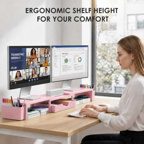 OPNICE Desk Organizers and Accessories, Dual Monitor Stand Riser with Drawer and 2 Pen Holders, Desk Shelf Computer Racks for Office Workspace Organizers, Desktop Organization (Peach-Pink) - Image 2