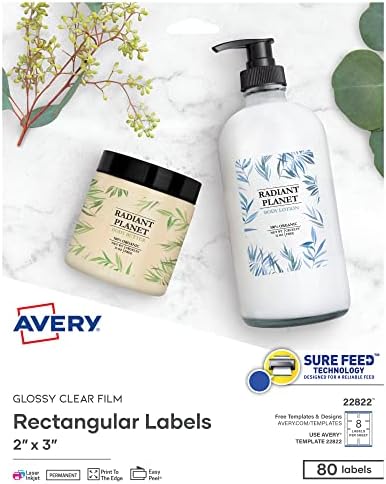 Avery Printable Blank Rectangle Labels, 2" x 3", Glossy Crystal Clear, 80 Customizable Labels (22822) by Avery