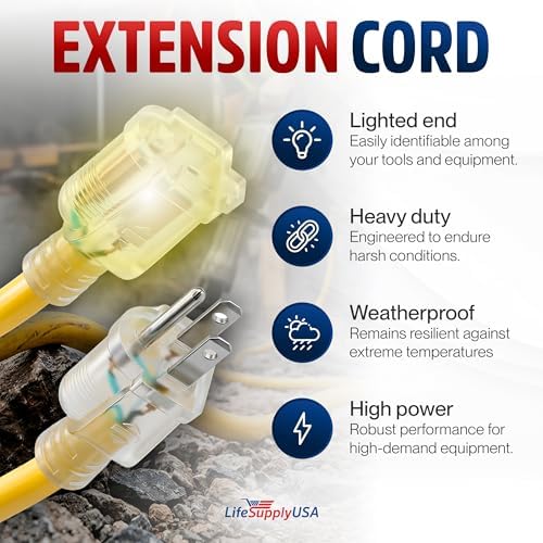 50ft Outdoor/Indoor Extension Cord 12/3 Gauge Extra Heavy Duty 3 Prong SJTW (5-15P/5-15R), Waterproof, Flexible Cold-Resistant Long Power Cord,15A 125V 1875W, Yellow by LifeSupplyUSA - Image 2