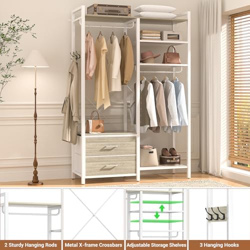 78.7'' Clothes Rack for Hanging Clothes - Reversible Clothing Rack with 2 Drawers, Heavy Duty Garment Racks with Shelves, 6 Tiers Freestanding Closet Wardrobe System with Hanging Hooks, White Oak - Image 6