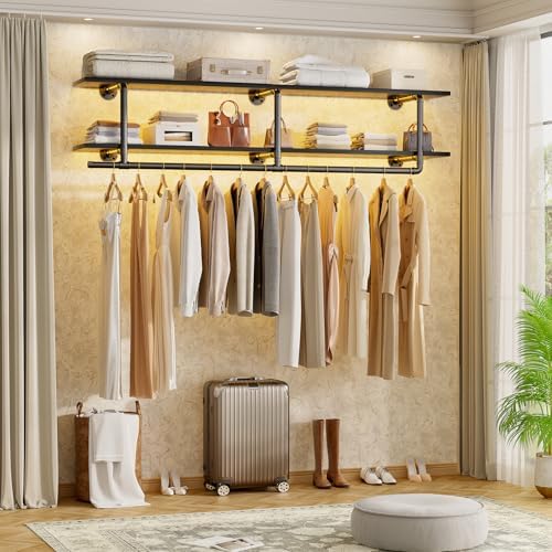 Aheaplus Industrial Pipe Clothing Rack, Wall Mounted Closet Shelf with Rod by Aheaplus