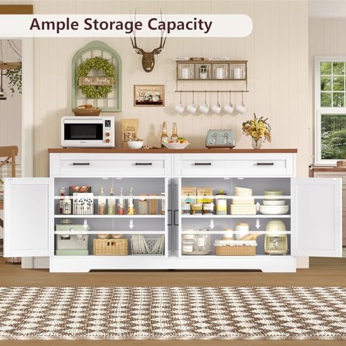 usikey 63" Buffet Cabinet with Storage, Large Sideboard Buffet Cabinet with 2 Adjustable Shelves and 4 Doors, Modern Farmhouse Coffee Bar for Kitchen, Living Room, White - Image 5