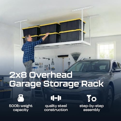 MonsterRax 2x8 Overhead Garage Storage Rack, White, 24"-45" Height - Image 2
