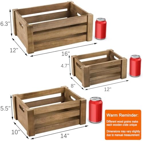 Lawei Set of 3 Wood Nesting Storage Crates with Handle, Rustic Farmhouse Decorative Wooden Crates Distressed Crates Storage Container for Display, Large Vintage Wood Decor Crates Wooden Baskets - Image 2