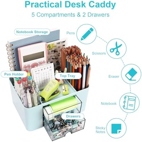 Meiikun Plastic Pen Organizer, Multifunctional Desk Organizer with 2 Drawers, 4 Compartments & a Top Tray, Pencil Holder Desktop Organizers and Accessories for Office, 7.7" x 5.5" x 3.9" (Blue) - Image 3