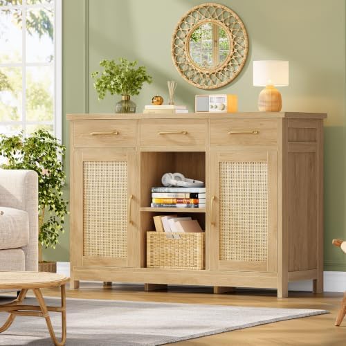 TEENFON Coffee Bar Cabinet with 3 Drawers, Farmhouse Buffet Cabinet - Image 4