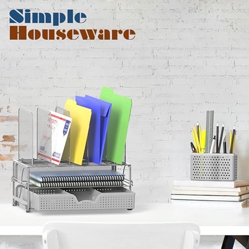 Simple Houseware Desk File Organizer for Office Supplies w/Drawer, Silver - Image 7
