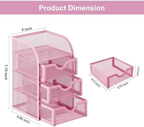 EasyPAG Mesh Desk Organizer with 3 Drawer Office Desktop Organizers and Accessories Stationery Caddy for Office, Home, Students, Pink - Image 7