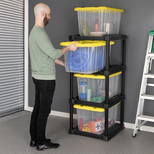 Sterilite 4-Tier Tote Rack & 4-Pack 27 Gallon Storage Box, Shelf and Tote Organizers - Plastic Shelving Unit and Container Bins for Bathroom, Garage, Pantry, Bookshelf, and Bedroom Organization - Image 2