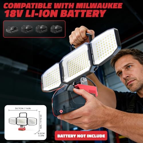 2PCS LED Work Light Compatible with Milwaukee 18V Battery, 150W 15000LM Flood Light, 6500K Daylight 3-Head Adjustable, USB Type-C&2 Brightness Modes Portable Flashlight Job Site Light (Tool Only) - Image 2