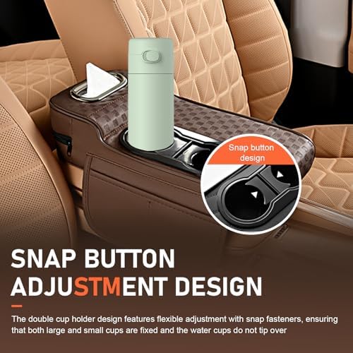 Car Center Console Cover, Microfiber Leather Car Armrest Cover Cushion with 2 Storage Bags, Cup Holders, Tissue Box Slot, Universal Car Armrest Storage Box for Most Vehicles (Coffee) - Image 6