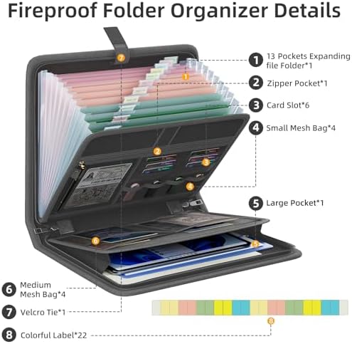 Fireproof Accordion File Organizer, Expanding File Folder with 13 Pockets - Image 4