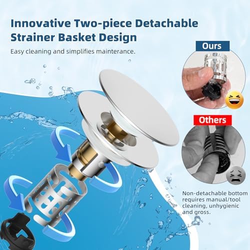 Hibbent Upgraded 3 in 1 Bathroom Sink Drain Strainer, Universal Pop Up Sink Stopper with Big Push Cap, Anti-Clogging Metal Filter Basket,Sink Plug with Hair Catcher for 1.1''~2.36'' Basin, Chrome - Image 4