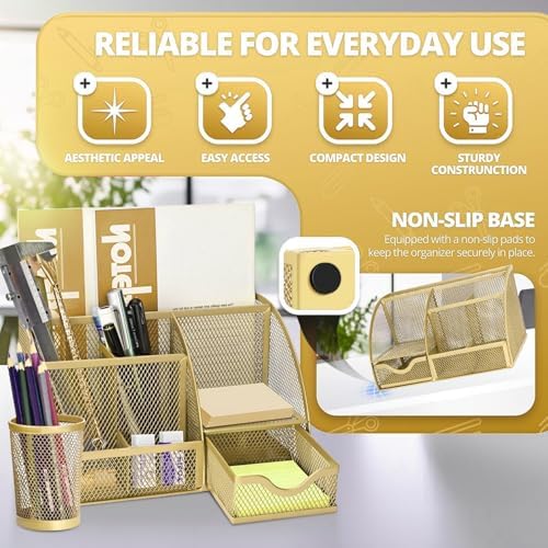 Flexzion Metal Mesh Desk Organizer with Drawer, 6 Compartments, Rose Gold - Image 2