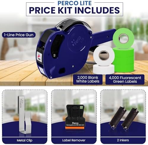 Perco Price Gun 1-Line Kit with 2 White 4 Green Rolls, Clip & Ink Rollers - Image 2
