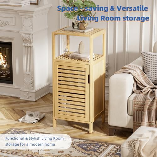 HITNET Bathroom Cabinet Freestanding, Small Bamboo Floor Cabinet, 4 Tier Single Door Sofa Side Table Storage Organizer, Space Saving Kitchen Cupboard, Natural - Image 4
