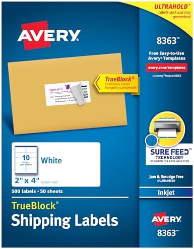 Avery Shipping Labels, Sure Feed Technology, 2" x 4", White, Inkjet Printable, Permanent Adhesive, 500 Blank Mailing Labels per Pack, 2500 (5 Packs of 8363) by Avery