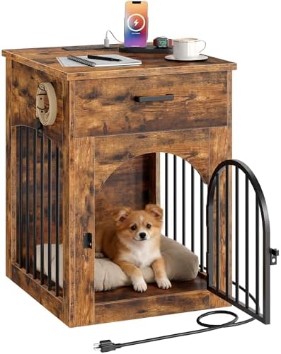 CHOEZON Dog Crate Furniture, Wooden Dog Kennel with Charging Station and Storage Drawer, Indoor Pet Crate End Table for Small Breeds, Dog Cage Furniture for Living Room, Bedroom, Rustic Brown MGW01UFG by Choezon